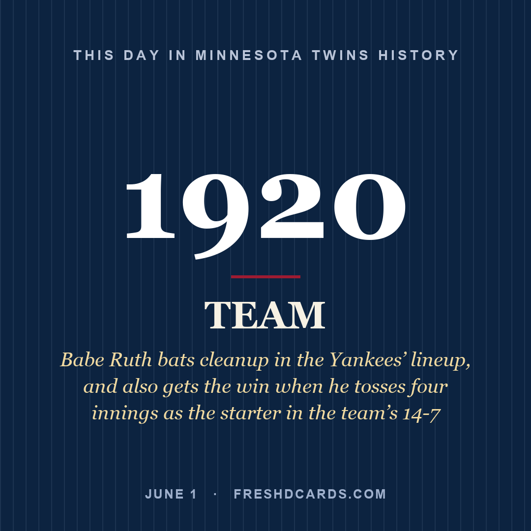 Minnesota Twins: Minnesota Twins, 1920, Babe Ruth bats cleanup in the Yankees’ lineup, and also gets the win when he tosses four innings as the starter in the team’s 14-7