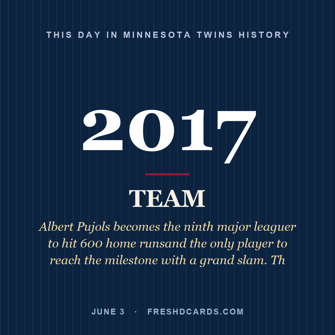 Minnesota Twins: Minnesota Twins, 2017, Albert Pujols becomes the ninth major leaguer to hit 600 home runsand the only player to reach the milestone with a grand slam. Th