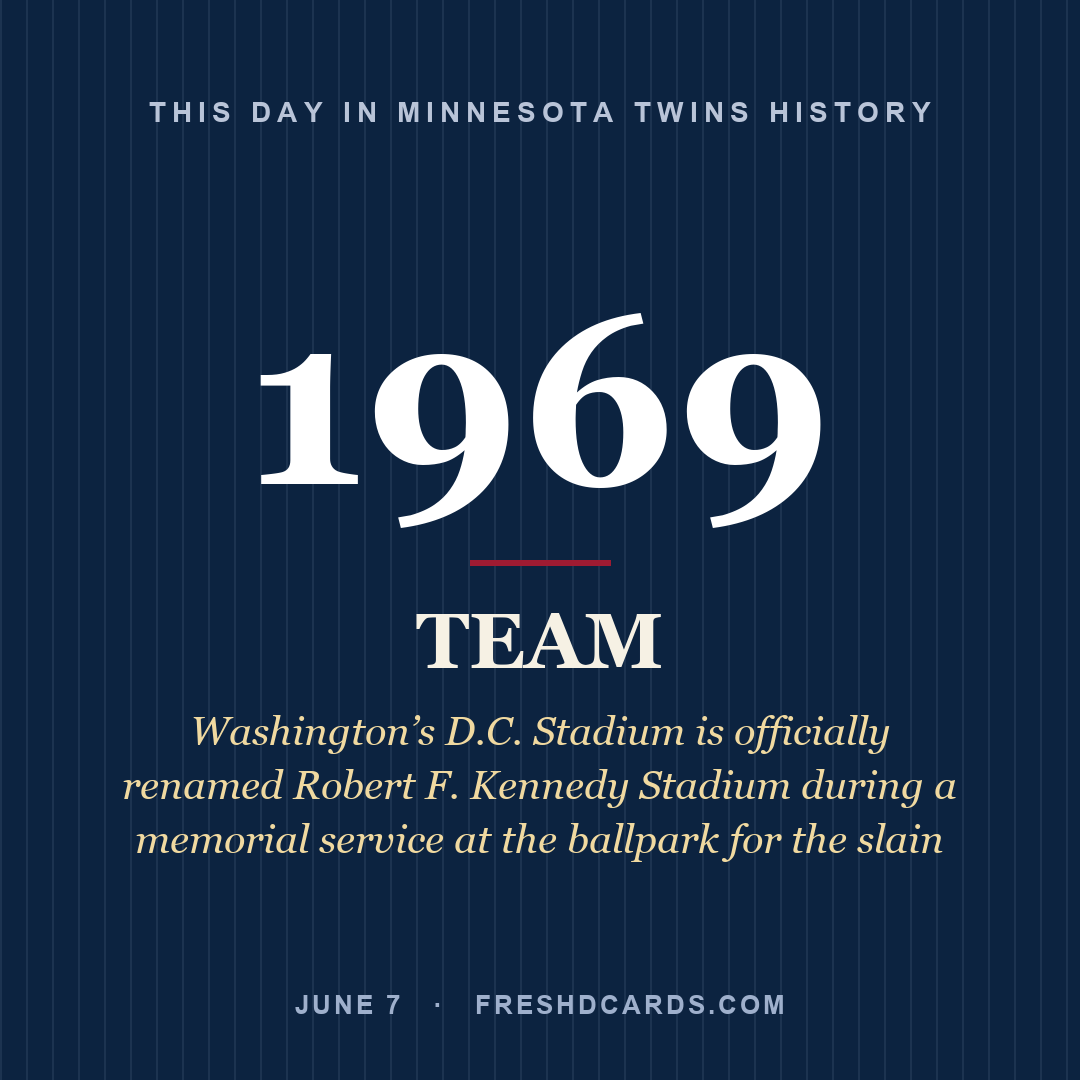 Minnesota Twins: Minnesota Twins, 1969, Washington’s D.C. Stadium is officially renamed Robert F. Kennedy Stadium during a memorial service at the ballpark for the slain 