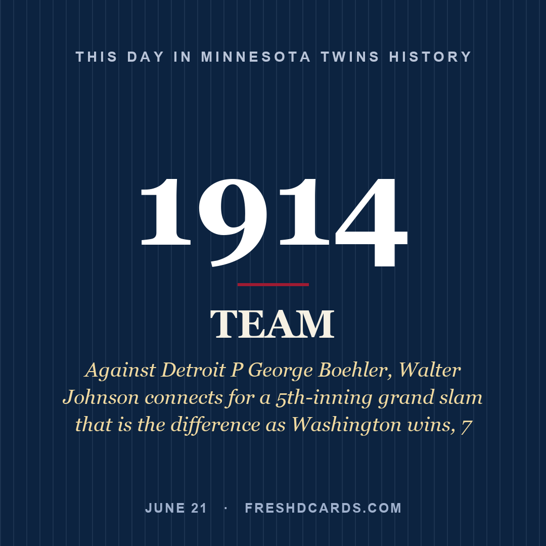 Minnesota Twins: Minnesota Twins, 1914, Against Detroit P George Boehler, Walter Johnson connects for a 5th-inning grand slam that is the difference as Washington wins, 7