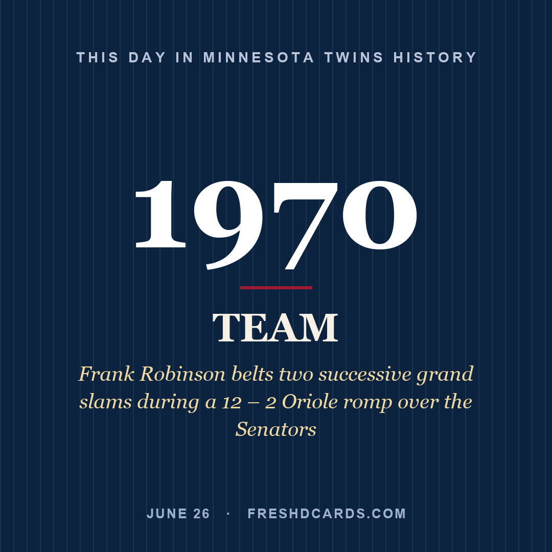Minnesota Twins: Minnesota Twins, 1970, Frank Robinson belts two successive grand slams during a 12 – 2 Oriole romp over the Senators