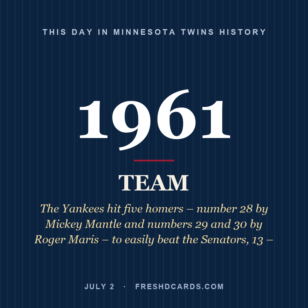 Minnesota Twins: Minnesota Twins, 1961, The Yankees hit five homers – number 28 by Mickey Mantle and numbers 29 and 30 by Roger Maris – to easily beat the Senators, 13 – 