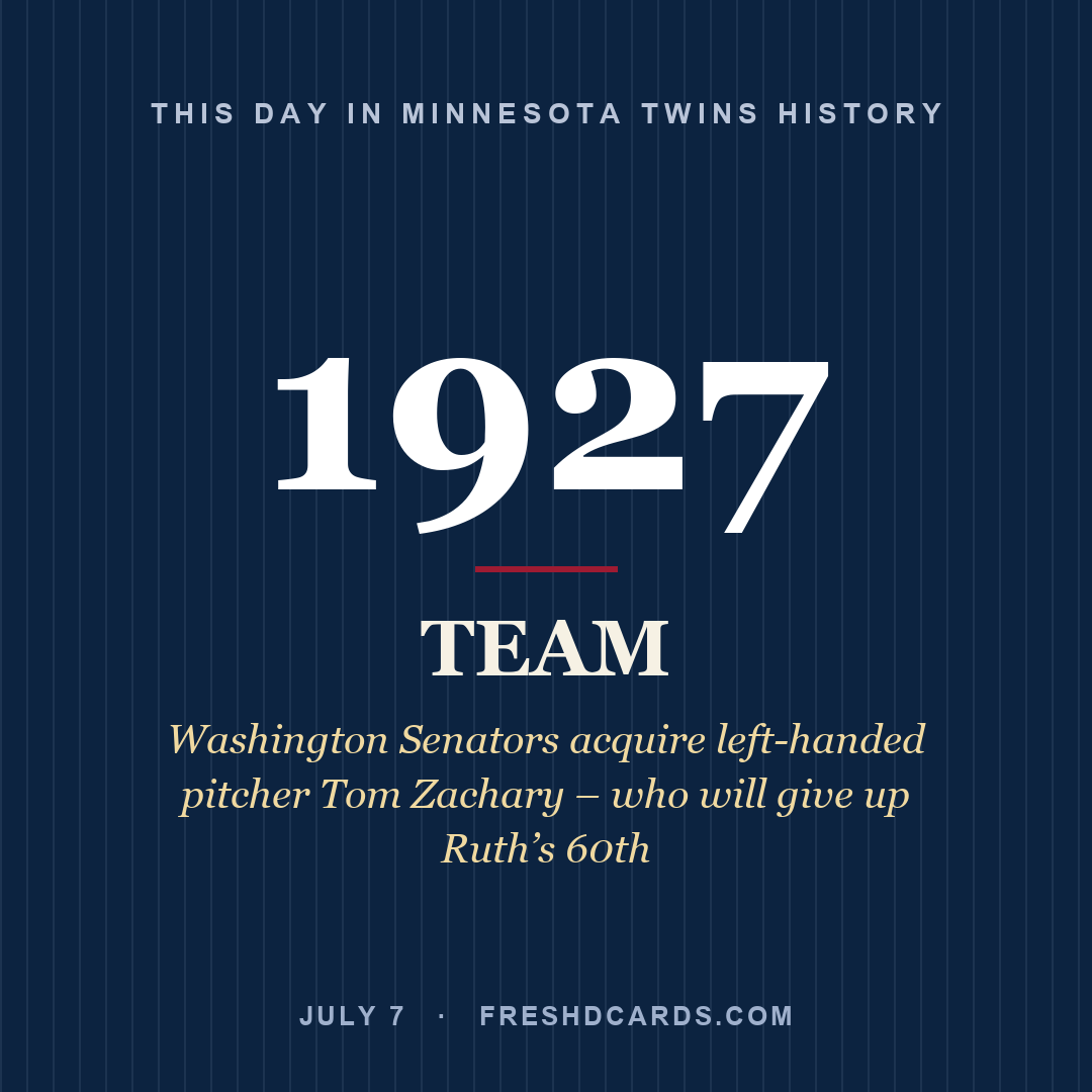 Minnesota Twins: Minnesota Twins, 1927, Washington Senators acquire left-handed pitcher Tom Zachary – who will give up Ruth’s 60th