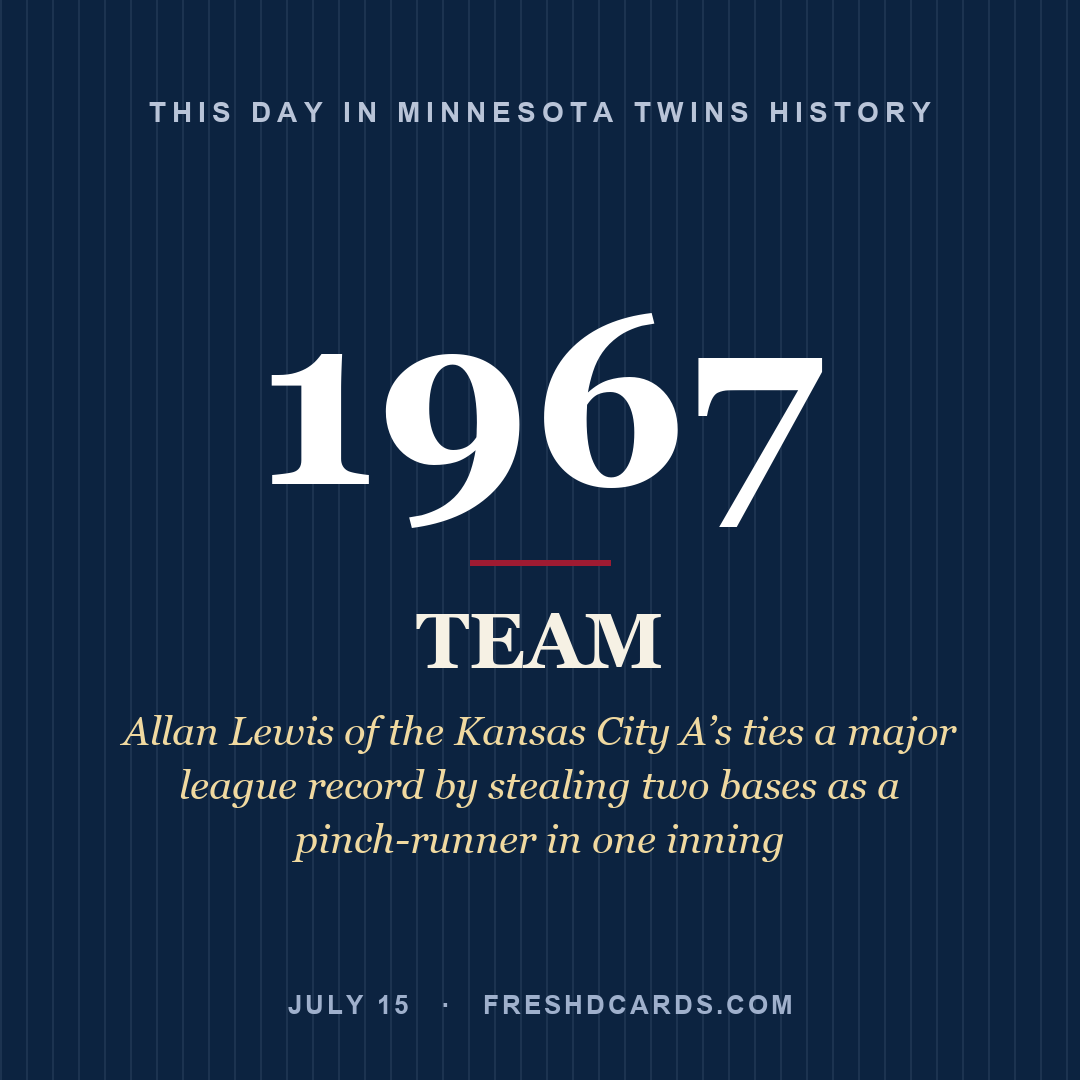 Minnesota Twins: Minnesota Twins, 1967, Allan Lewis of the Kansas City A’s ties a major league record by stealing two bases as a pinch-runner in one inning