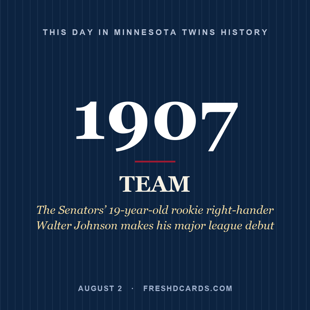 Minnesota Twins: Minnesota Twins, 1907, The Senators’ 19-year-old rookie right-hander Walter Johnson makes his major league debut