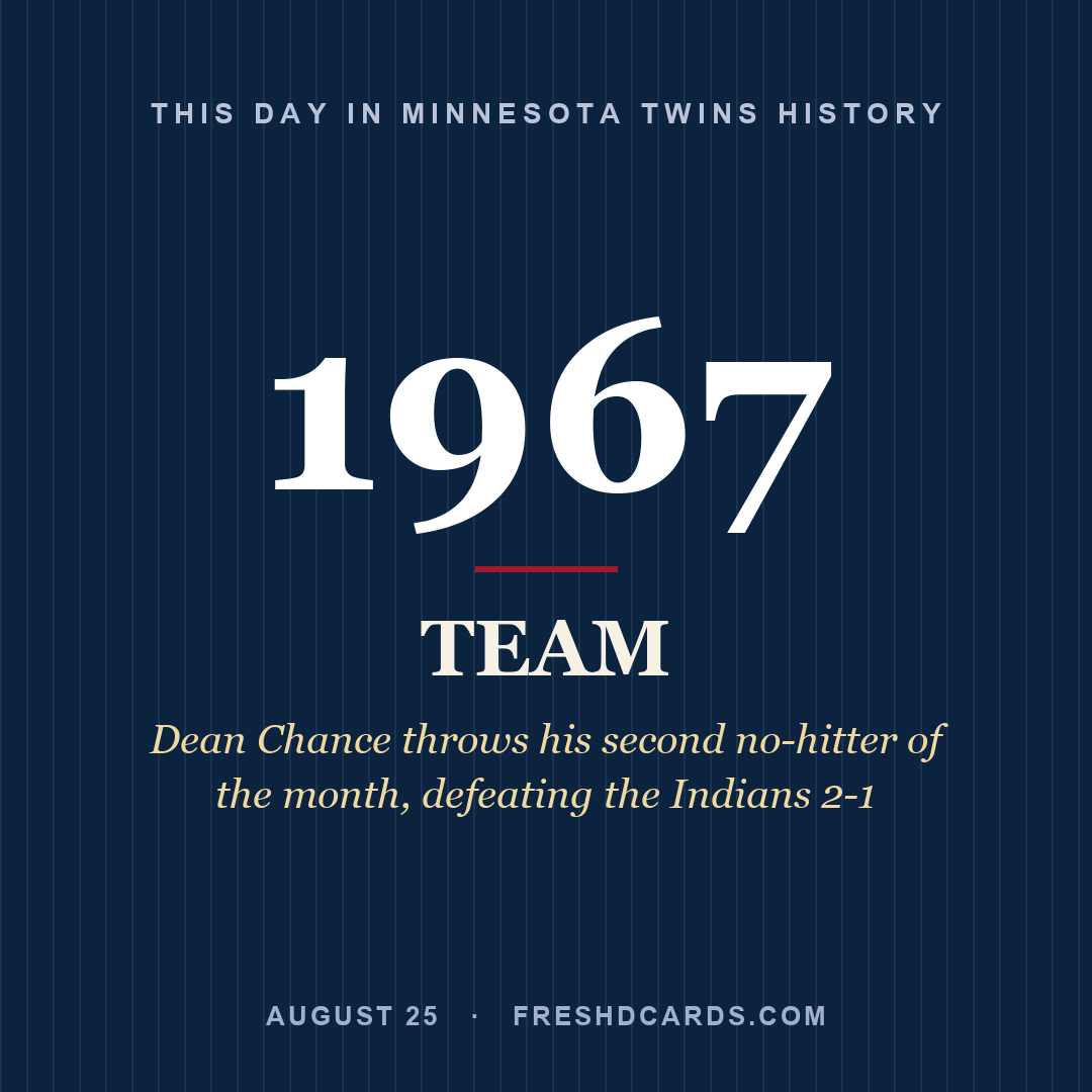 Minnesota Twins: Minnesota Twins, 1967, Dean Chance throws his second no-hitter of the month, defeating the Indians 2-1