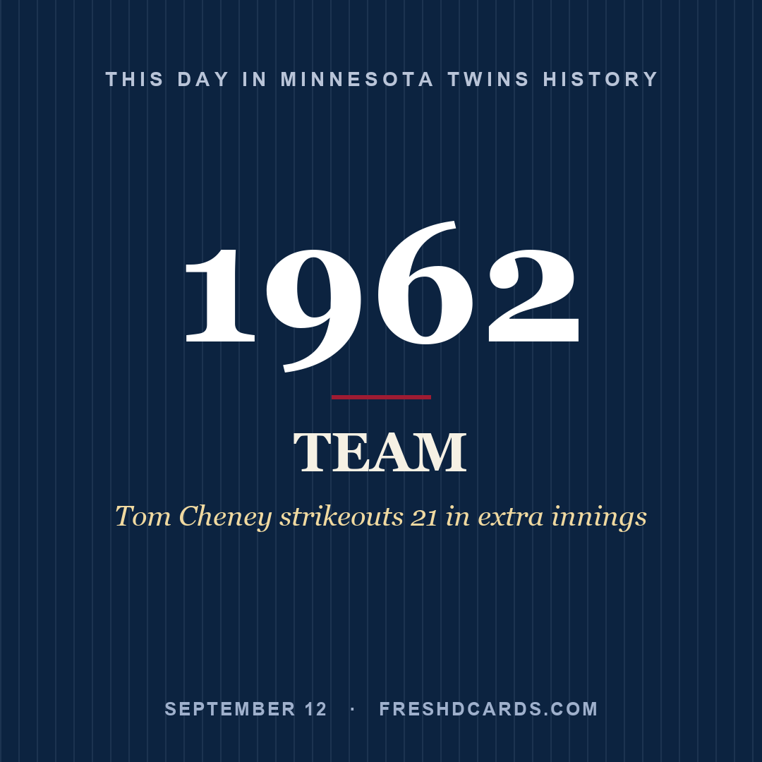 Minnesota Twins: Minnesota Twins, 1962, Tom Cheney strikeouts 21 in extra innings