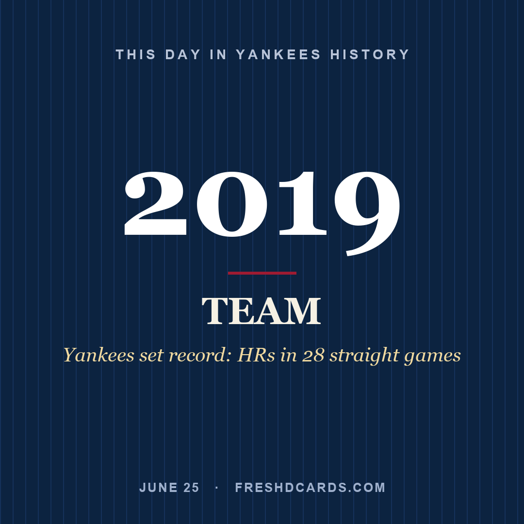 This Day in Yankees History: New York Yankees, 2019, Yankees set record: HRs in 28 straight games