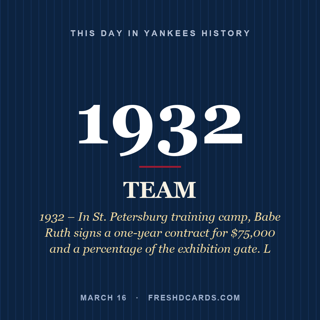 Yankees: Yankees, 1932, 1932 – In St. Petersburg training camp, Babe Ruth signs a one-year contract for $75,000 and a percentage of the exhibition gate. L