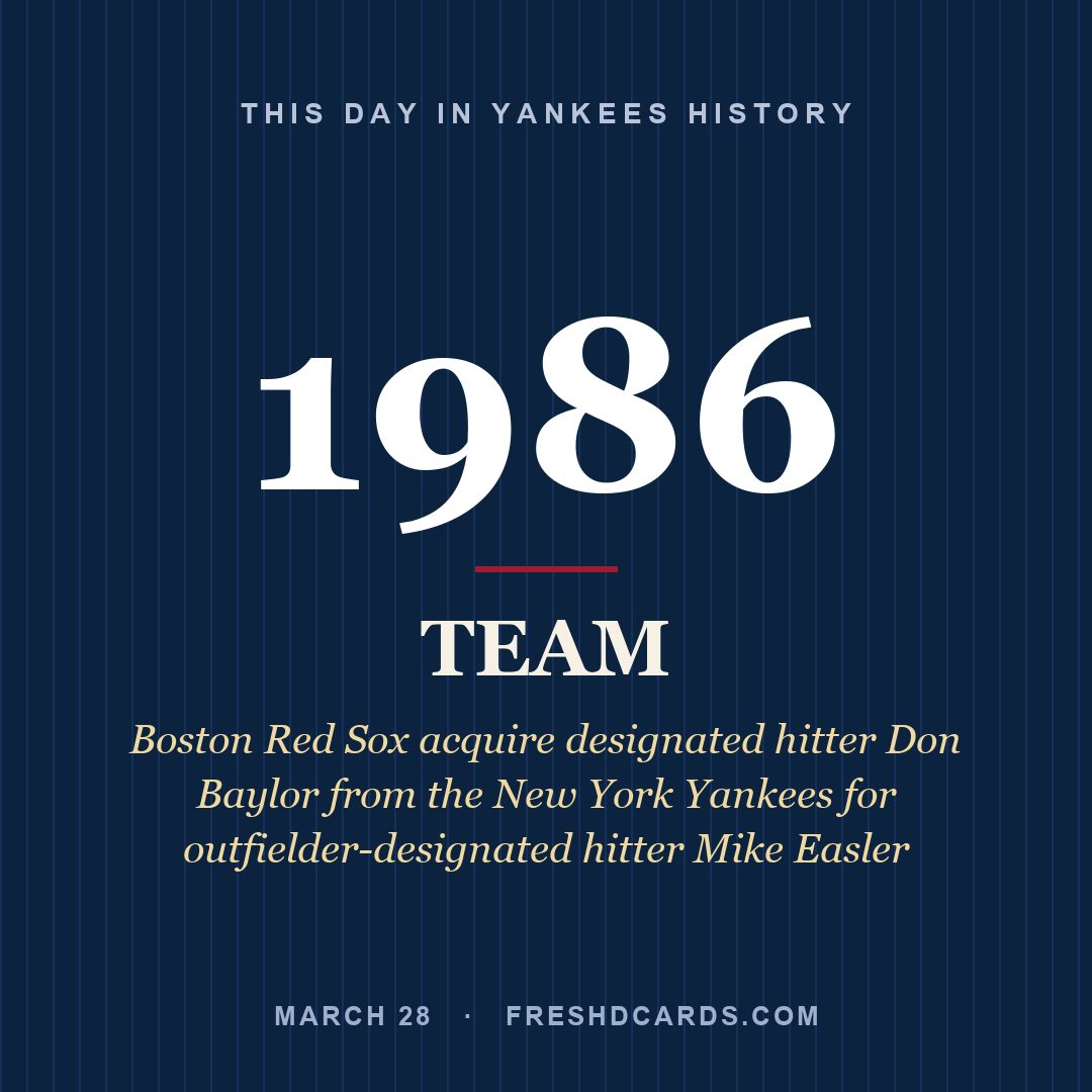 Yankees: Yankees, 1986, Boston Red Sox acquire designated hitter Don Baylor from the New York Yankees for outfielder-designated hitter Mike Easler