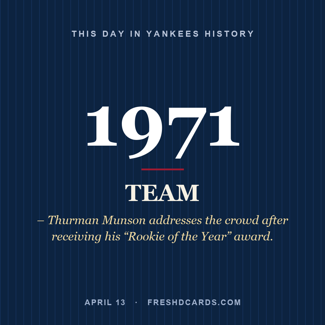 Yankees: Yankees, 1971, – Thurman Munson addresses the crowd after receiving his “Rookie of the Year” award.