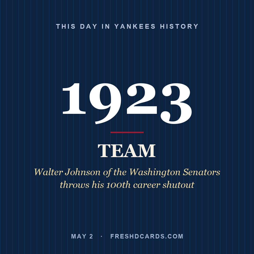 Yankees: Yankees, 1923, Walter Johnson of the Washington Senators throws his 100th career shutout