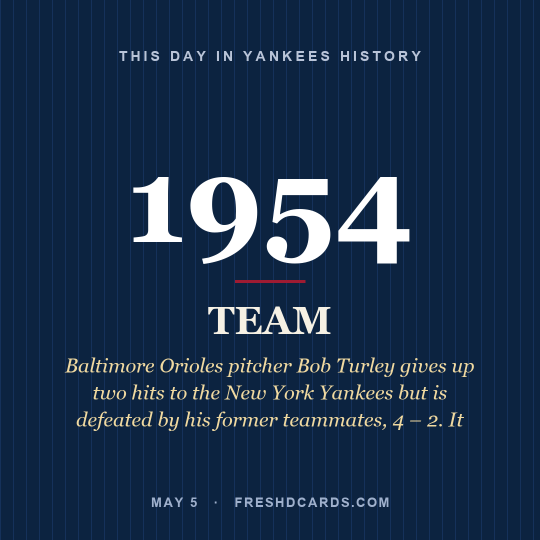 Yankees: Yankees, 1954, Baltimore Orioles pitcher Bob Turley gives up two hits to the New York Yankees but is defeated by his former teammates, 4 – 2. It 