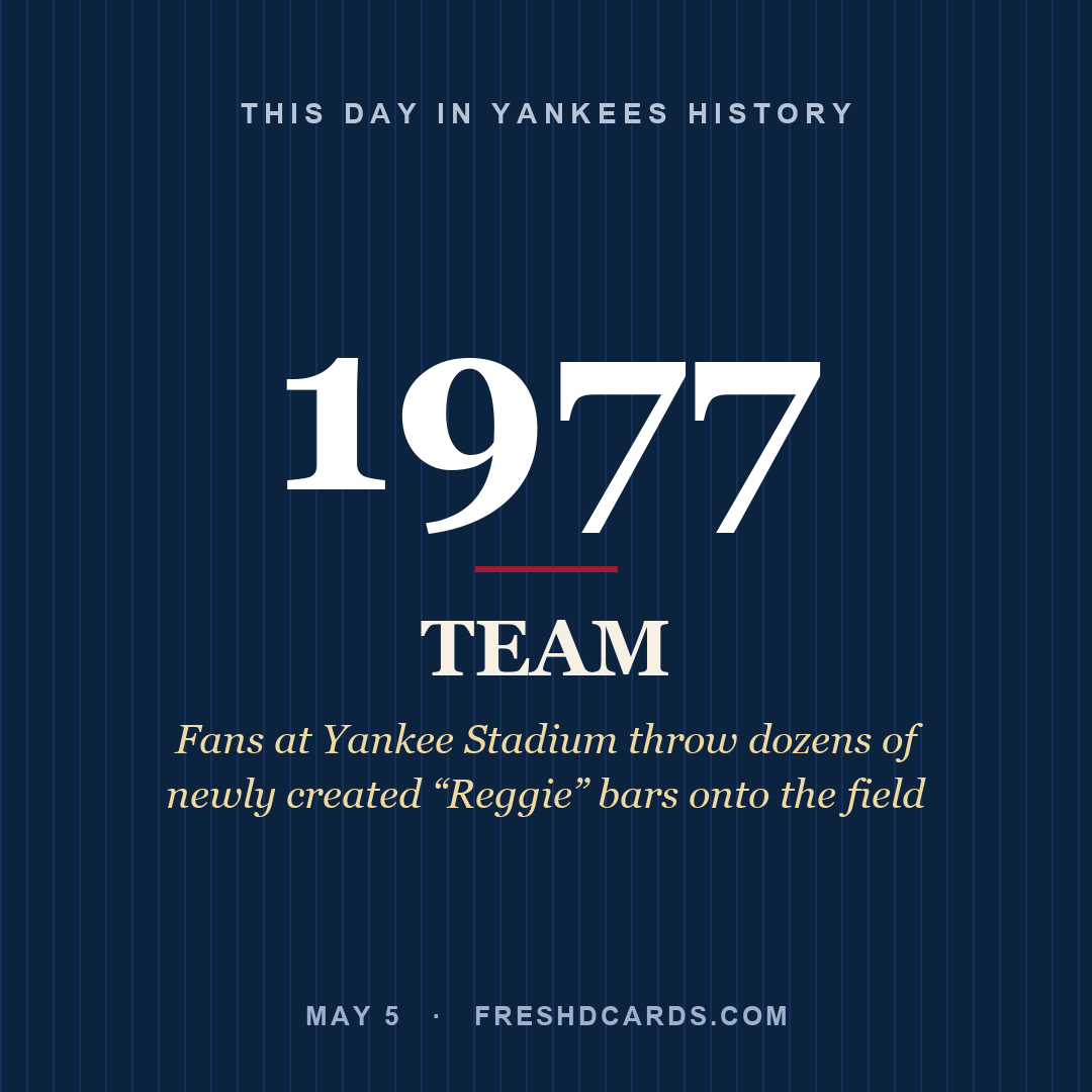 Yankees: Yankees, 1977, Fans at Yankee Stadium throw dozens of newly created “Reggie” bars onto the field