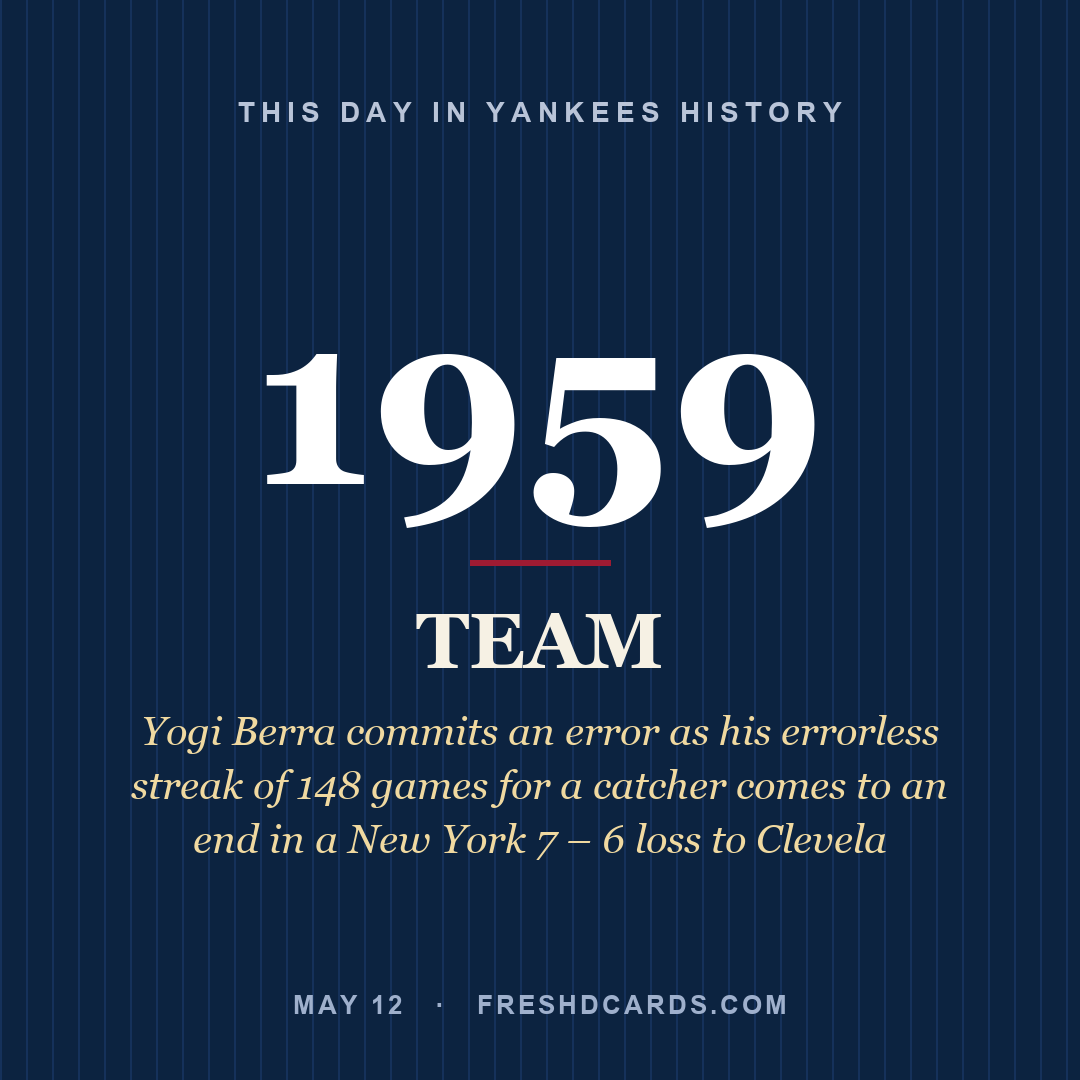 Yankees: Yankees, 1959, Yogi Berra commits an error as his errorless streak of 148 games for a catcher comes to an end in a New York 7 – 6 loss to Clevela