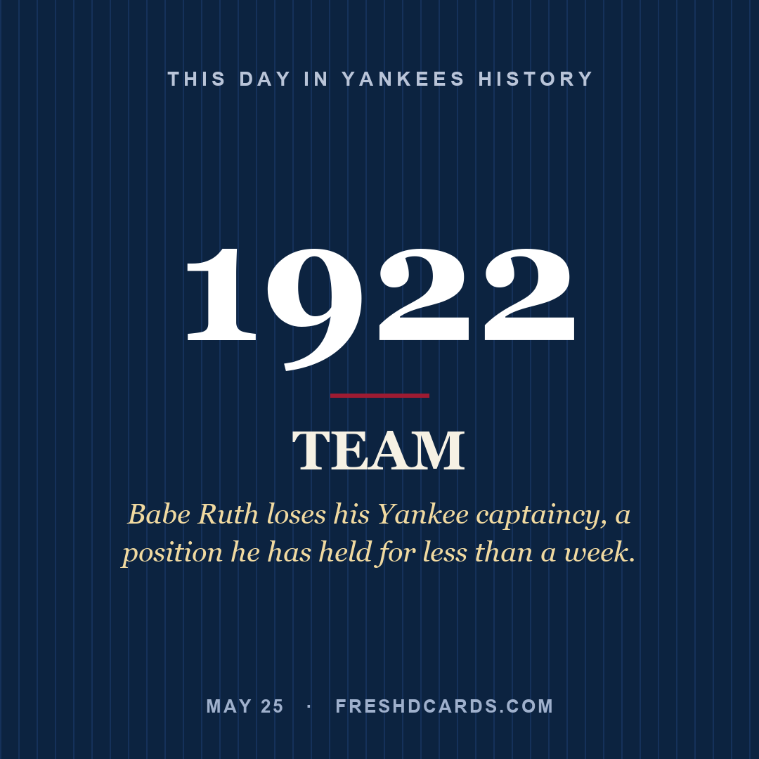 Yankees: Yankees, 1922, Babe Ruth loses his Yankee captaincy, a position he has held for less than a week.