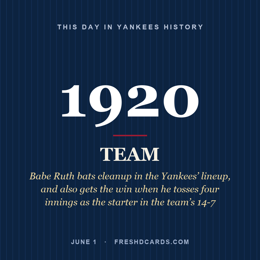 Yankees: Yankees, 1920, Babe Ruth bats cleanup in the Yankees’ lineup, and also gets the win when he tosses four innings as the starter in the team’s 14-7