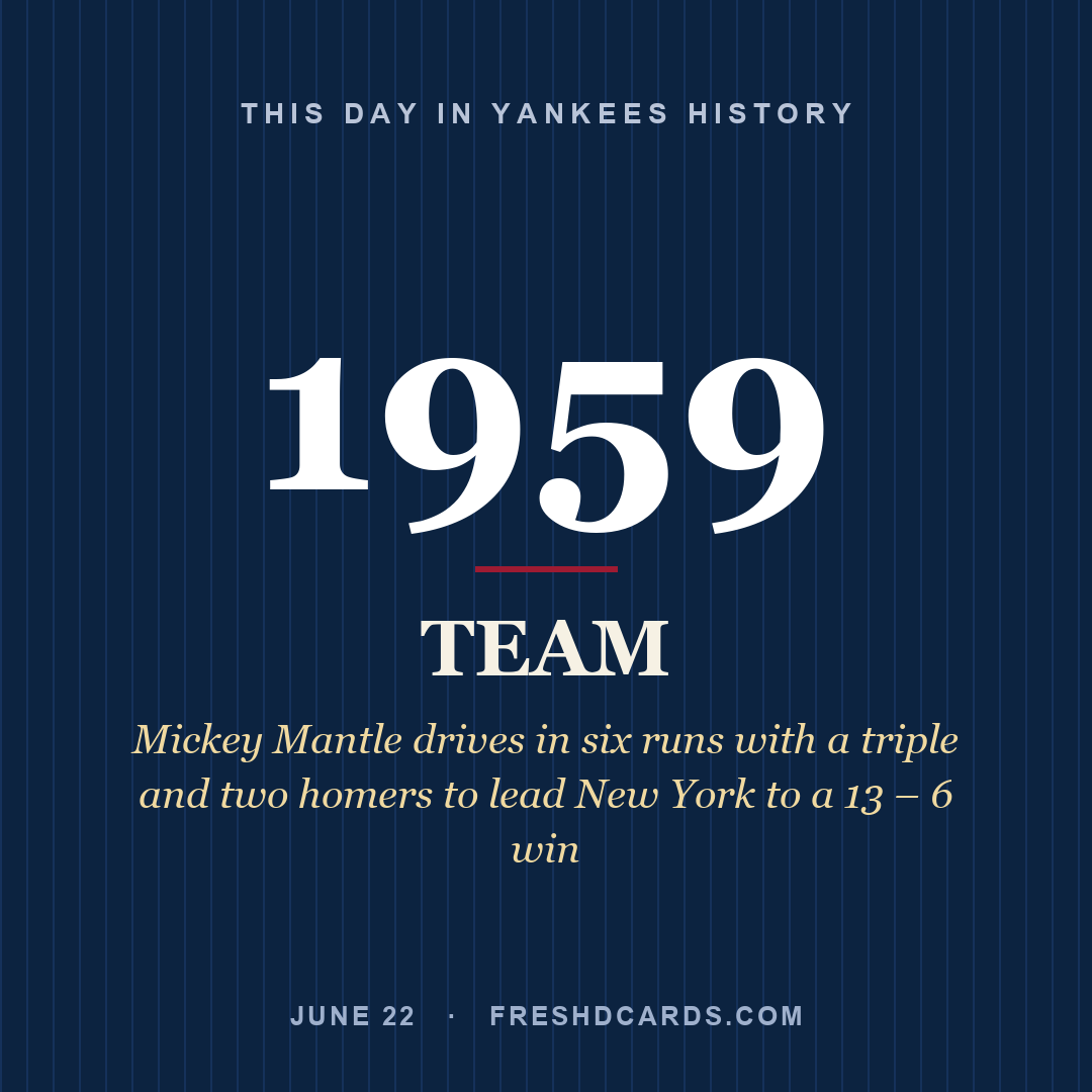 Yankees: Yankees, 1959, Mickey Mantle drives in six runs with a triple and two homers to lead New York to a 13 – 6 win