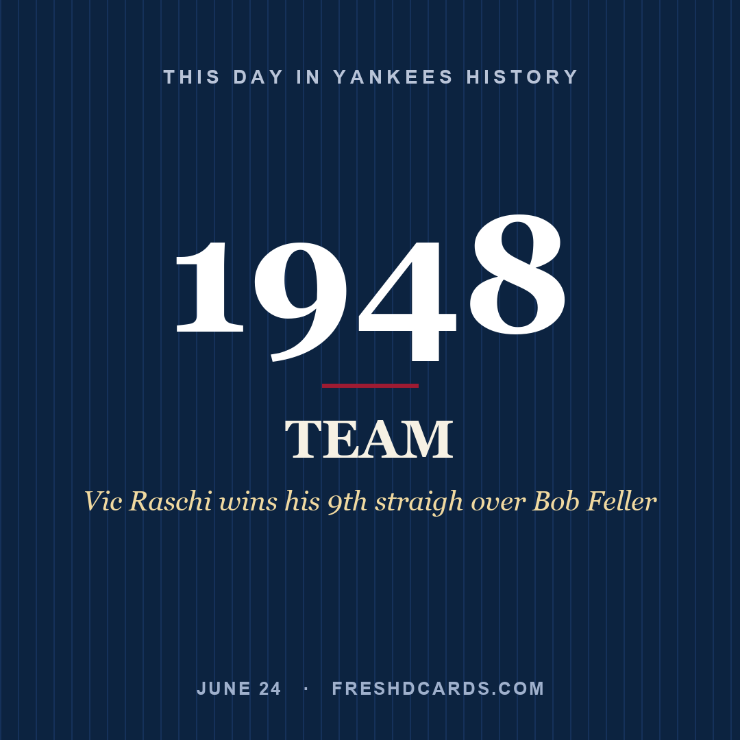 Yankees: Yankees, 1948, Vic Raschi wins his 9th straigh over Bob Feller