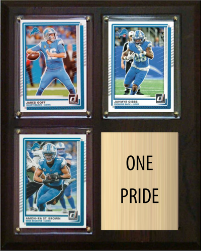 Detroit Lions One Pride 2026 Fan Cave Plaque 8x10 3 Cards - Goff, Gibbs, St. Brown