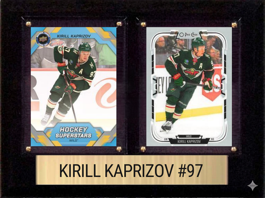 Kirill Kaprizov Minnesota Wild Fan Gift Plaque 6x8 2 Cards Upper Deck, Parkhurst, O-Pee-Chee, Topps 2024 2025 2026