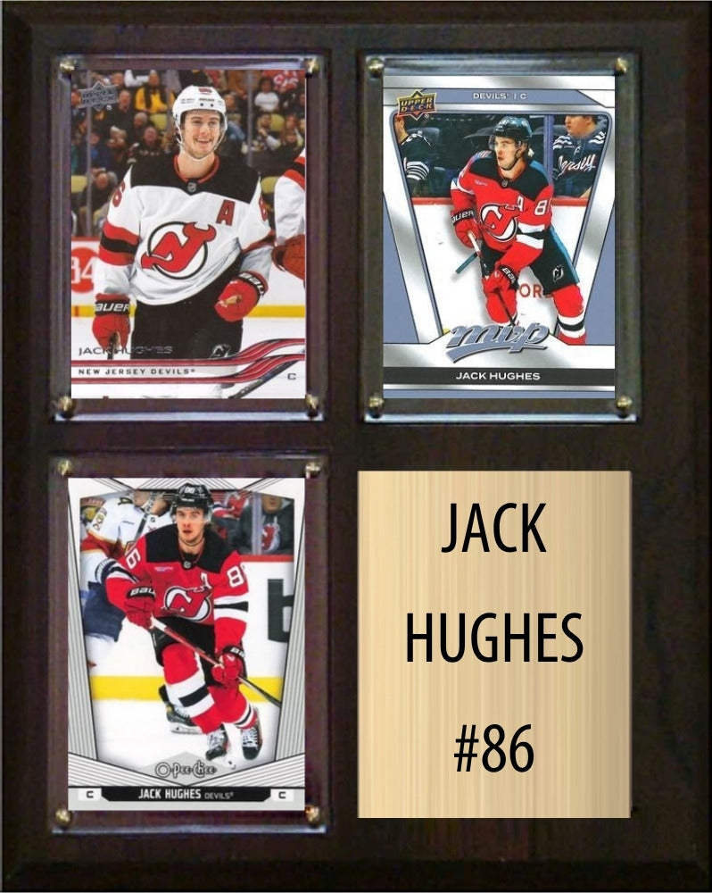 Jack Hughes New Jersey Devils Fan Gift Plaque 8x10 3 Cards Upper Deck, Parkhurst, O-Pee-Chee, Topps 2024 2025 2026