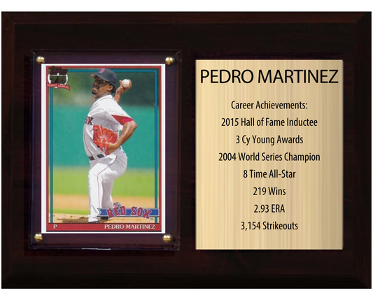 Pedro Martinez Boston Red Sox HOF Fan Gift Plaque 6x8 Stats 1 Card Topps Donruss Panini 2024 2025 2026