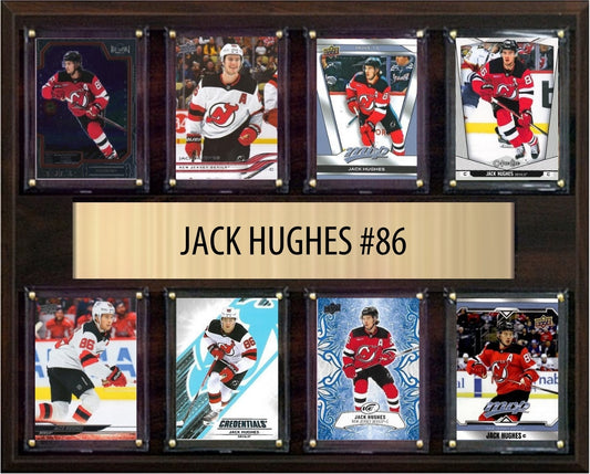 Jack Hughes New Jersey Devils Fan Gift Plaque 12x15 8 Cards Upper Deck, Parkhurst, O-Pee-Chee, Topps 2024 2025 2026
