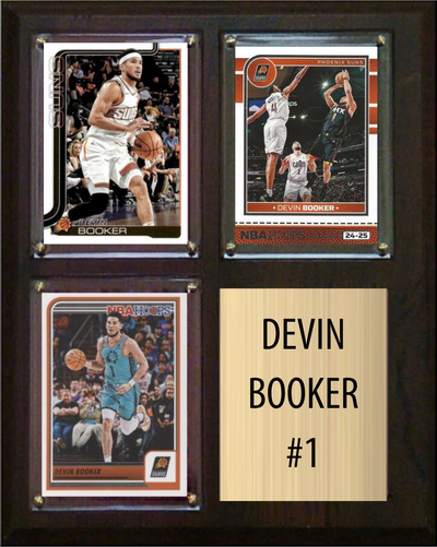 Devin Booker Phoenix Suns Fan Gift Plaque 8x10 3 Cards Panini, Donruss, Hoops, Prizm, Topps 2024 2025 2026