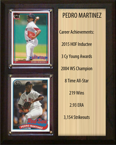 Pedro Martinez Boston Red Sox HOF Fan Gift Plaque 8x10 Stats 2 Cards Topps Donruss Panini 2024 2025 2026