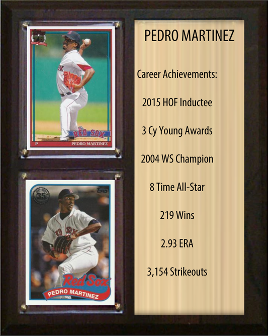 Pedro Martinez Boston Red Sox HOF Fan Gift Plaque 8x10 Stats 2 Cards Topps Donruss Panini 2024 2025 2026