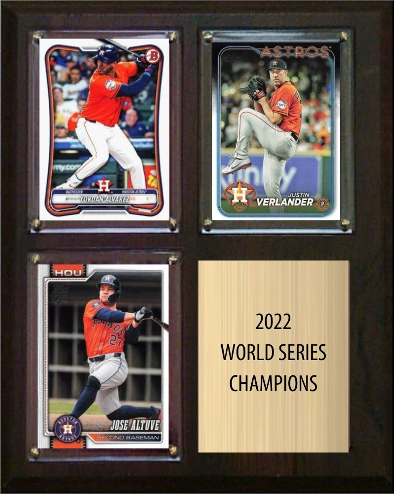 Houston Astros 2022 World Series Champions plaque with Yordan Alvarez, Justin Verlander, and Jose Altuve trading cards