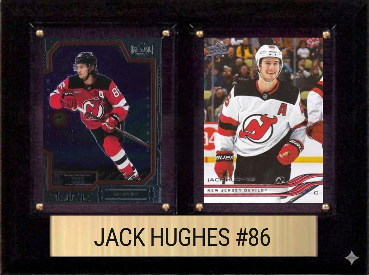 Jack Hughes New Jersey Devils Fan Gift Plaque 6x8 2 Cards Upper Deck, Parkhurst, O-Pee-Chee, Topps 2024 2025 2026