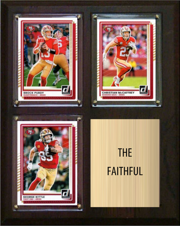 San Francisco 49ers The Faithful 2026 Fan Cave Plaque 8x10 3 Cards - Purdy, McCaffrey, Kittle