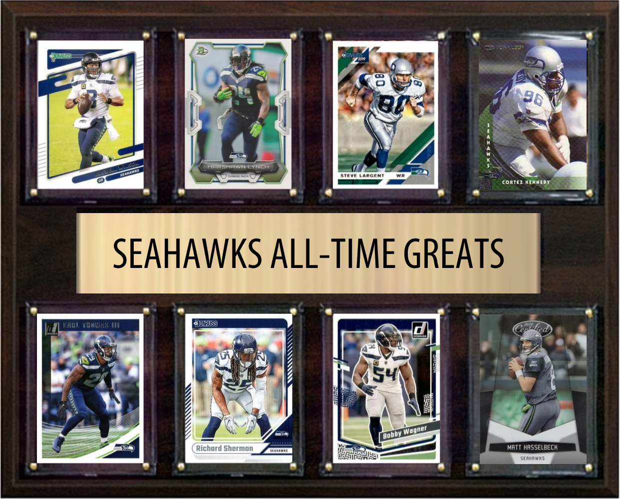 Seattle Seahawks All Time Greats Legends Plaque 8 Cards Russell Wilson Marshawn Lynch Steve Largent Bobby Wagner