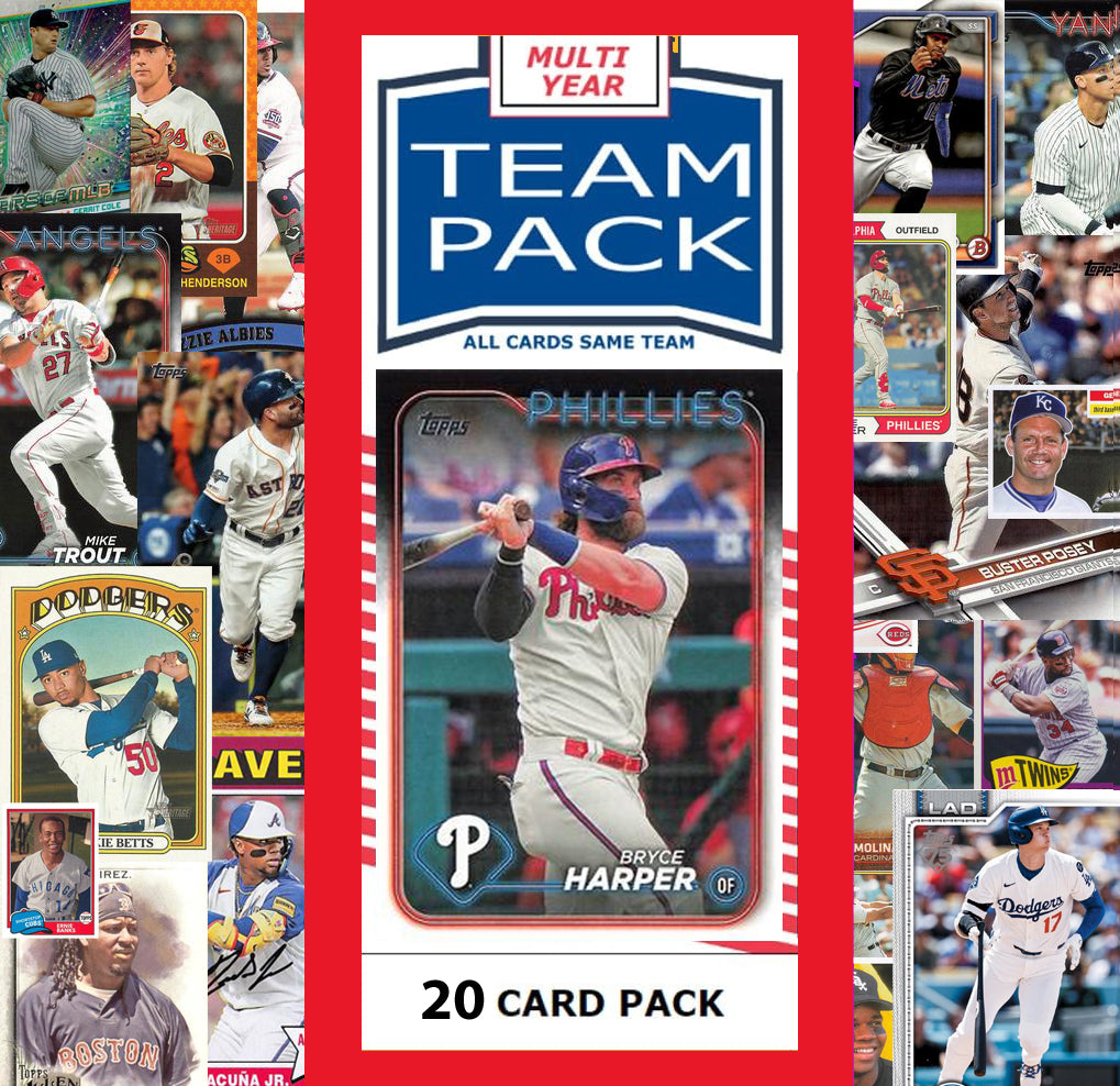 20 Card Multiyear Team Pack Philadelphia Phillies Bryce Harper Mike Schmidt 2024 2023 2025 Topps Stadium Club Archives Chrome Heri hand-collated team set