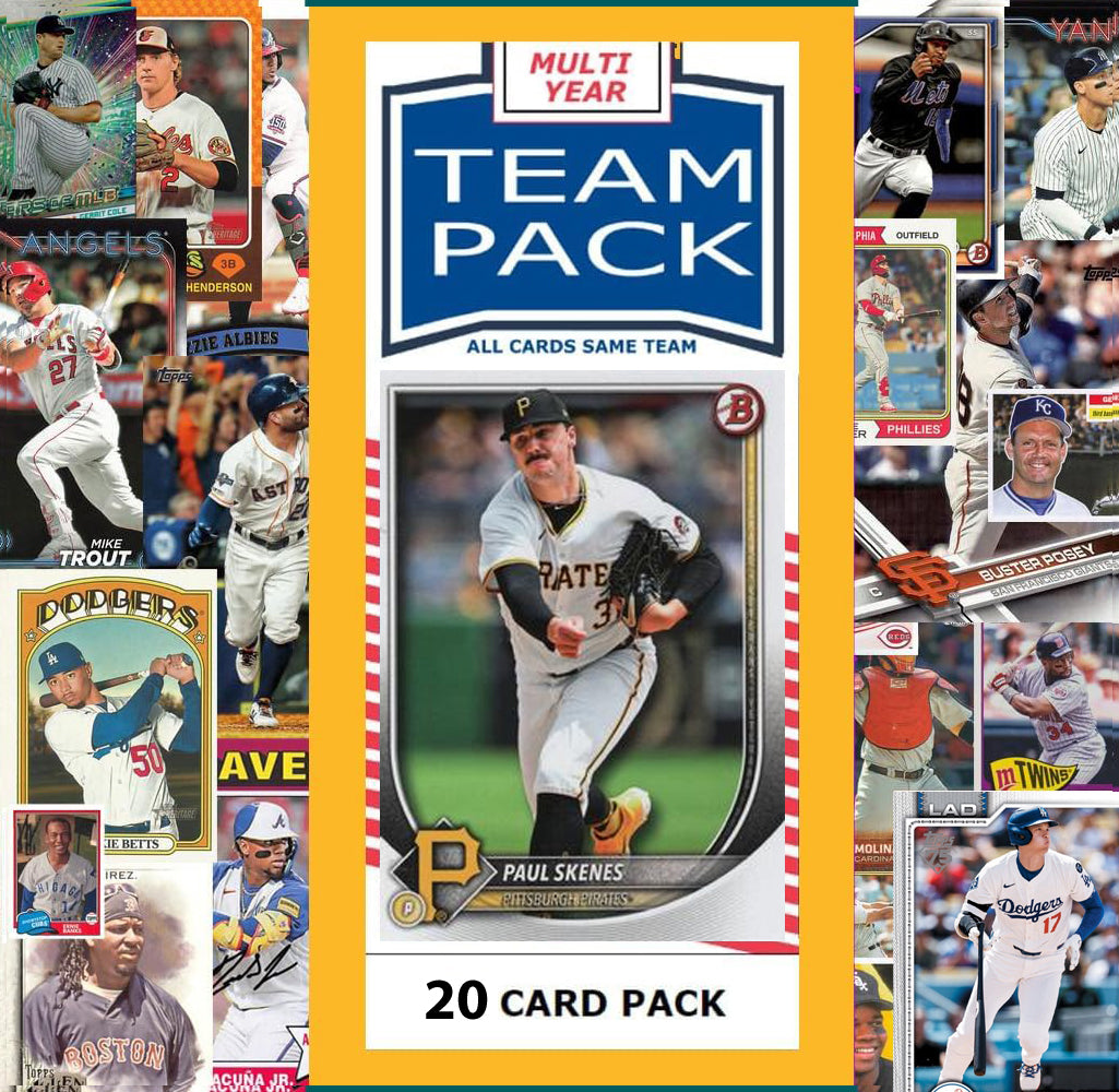 20 Card Multiyear Team Pack Pirates Paul Skenes 2024 2026 2025 Topps Stadium Club Archives Chrome Heritage Bowman hand-collated team set