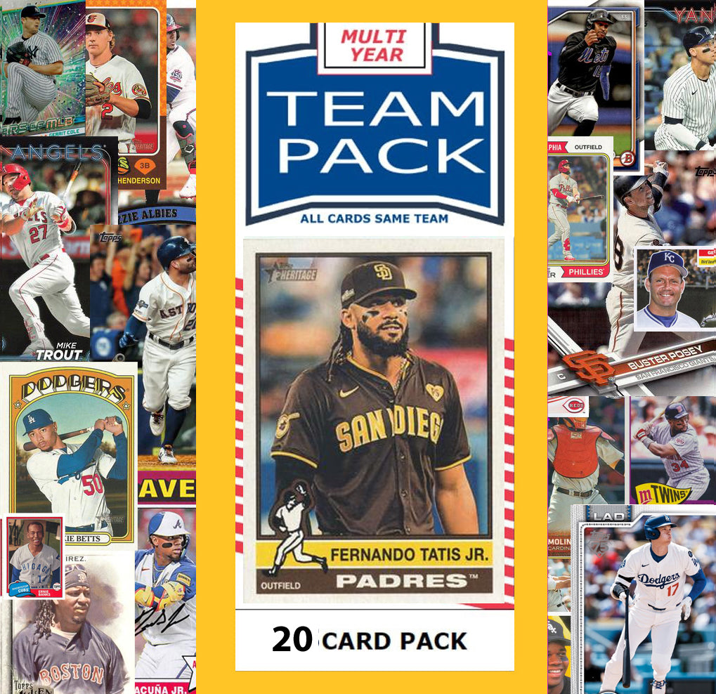 20 Card Multiyear Team Pack San Diego Padres 2024 2023 2025 Fernando Tatis Topps Stadium Club Archives Chrome Heritage Bowman hand-collated team set