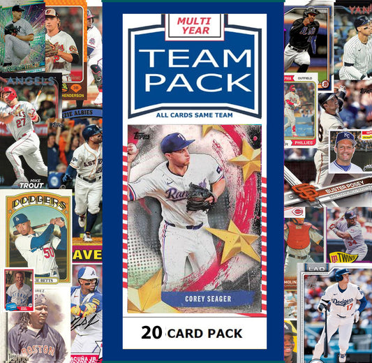 20 Card Multiyear Team Pack Texas Rangers 2024 2023 2025 Corey Seager Topps Stadium Club Archives Chrome Heritage Bowman hand-collated team set