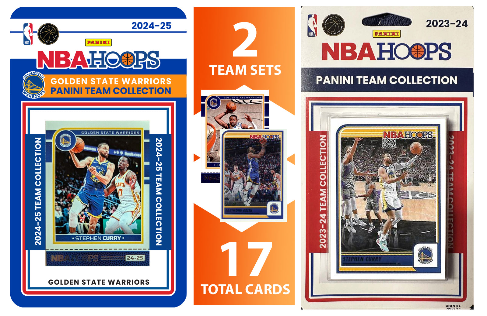 2023 2024 2025 NBA Hoops Factory Sealed NBA Basketball Card 2 Team Set Bundle Golden State Warriors - 17 Cards Total - Steph Curry hand-collated team set