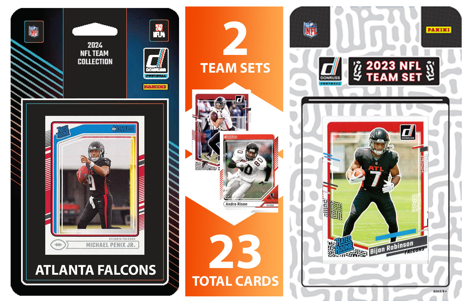 2024 + 2023 Donruss Atlanta Falcons Factory Sealed NFL Team Set Bundle - 23 Total Cards - Michael Penix Jr Rated Rookie Bijan Robi hand-collated team set