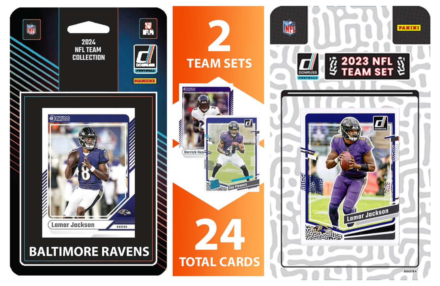 2024 + 2023 Donruss Baltimore Ravens Factory Sealed NFL Team Set Bundle Lamar Jackson Derrick Henry hand-collated team set