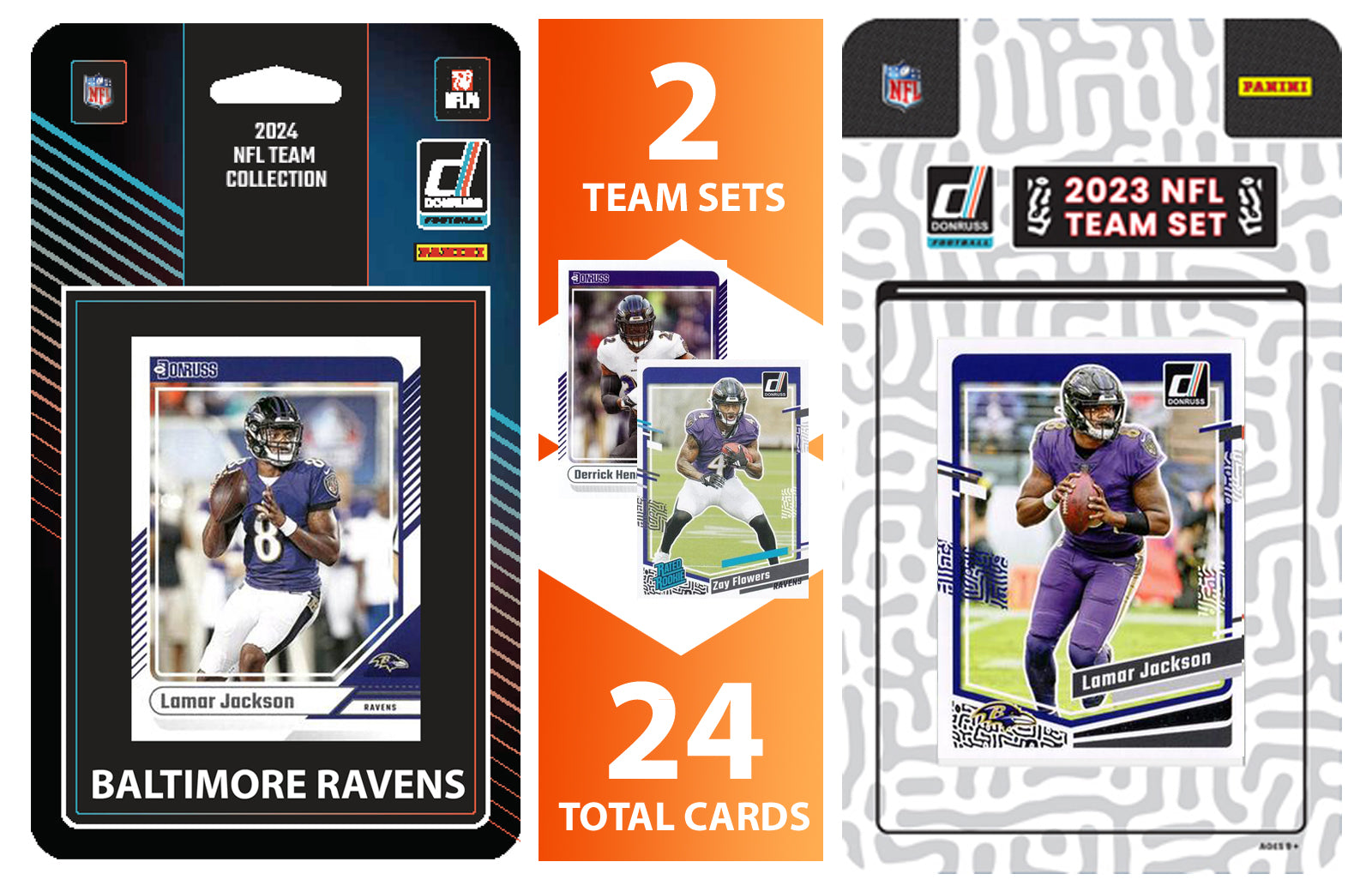 2024 + 2023 Donruss Baltimore Ravens Factory Sealed NFL Team Set Bundle Lamar Jackson Derrick Henry hand-collated team set