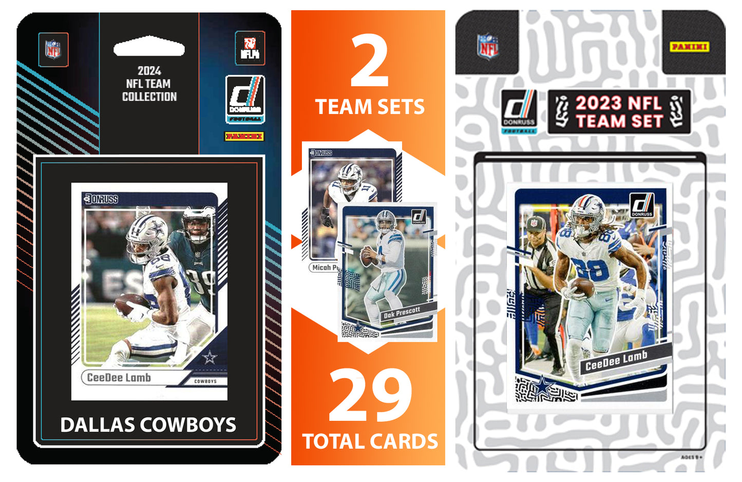 2024 + 2023 Donruss Dallas Cowboys Factory Sealed NFL Team Set Bundle - 29 Total Cards - Dak Prescott CeeDee Lamb hand-collated team set