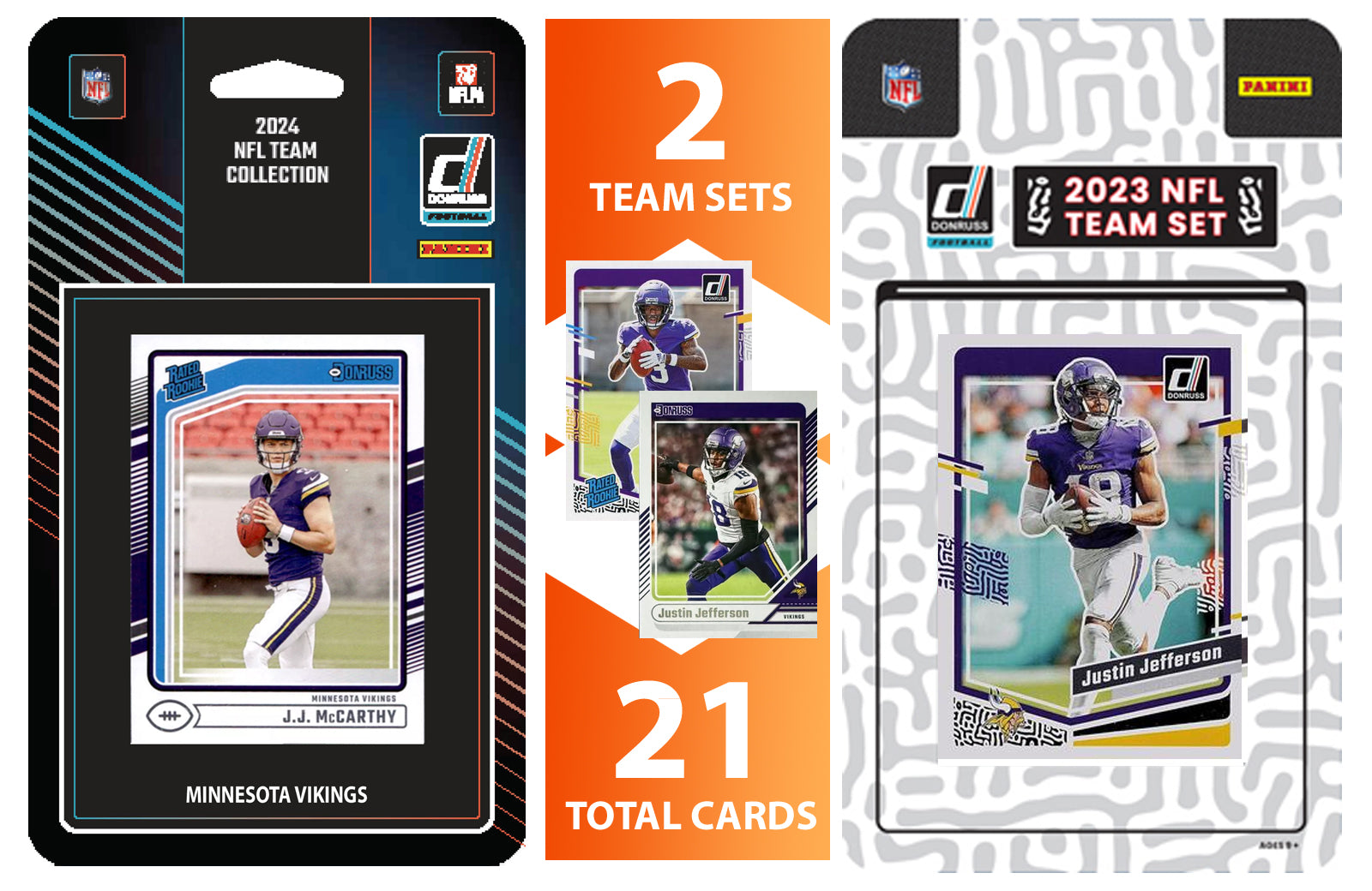 2024 + 2023 Donruss Minnesota Vikings Factory Sealed NFL Team Set Bundle - 21 Total Cards - JJ McCarthy Rated Rookie, Justin Jeffe hand-collated team set