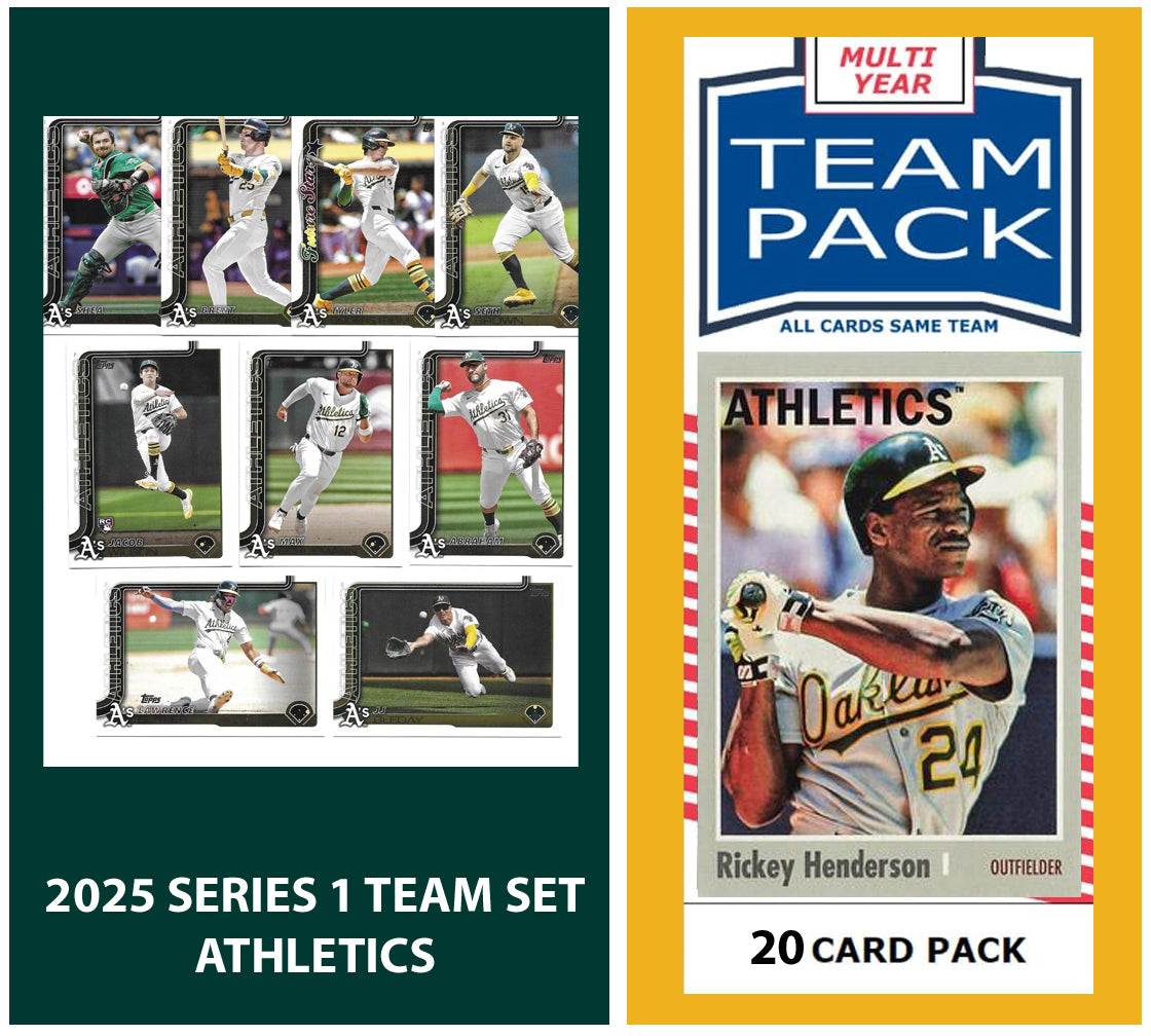 2024 Baseball Team Pack A's 20 Card Pack Rickey Henderson + 2025 Topps Series 1 Team Set - Wilson plaque