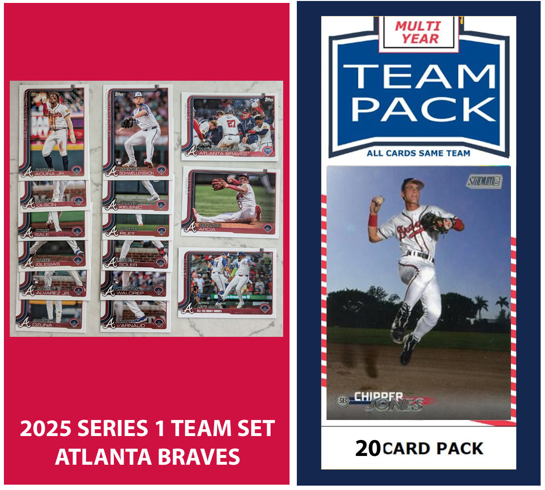 2024 Baseball Team Pack Braves 20 Card Pack Chipper Jones + 2025 Topps Series 1 Team Set - Acuna plaque