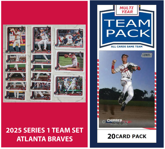 2024 Baseball Team Pack Braves 20 Card Pack Chipper Jones + 2025 Topps Series 1 Team Set - Acuna plaque