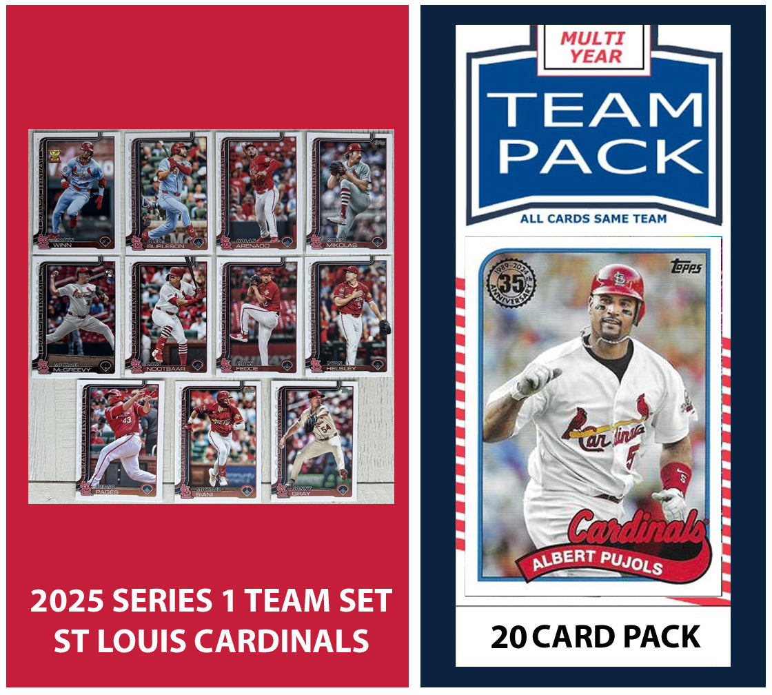 2024 Baseball Team Pack Cardinals 20 Card Pack Pujols + 2025 Topps Series 1 Team Set - Arenado plaque