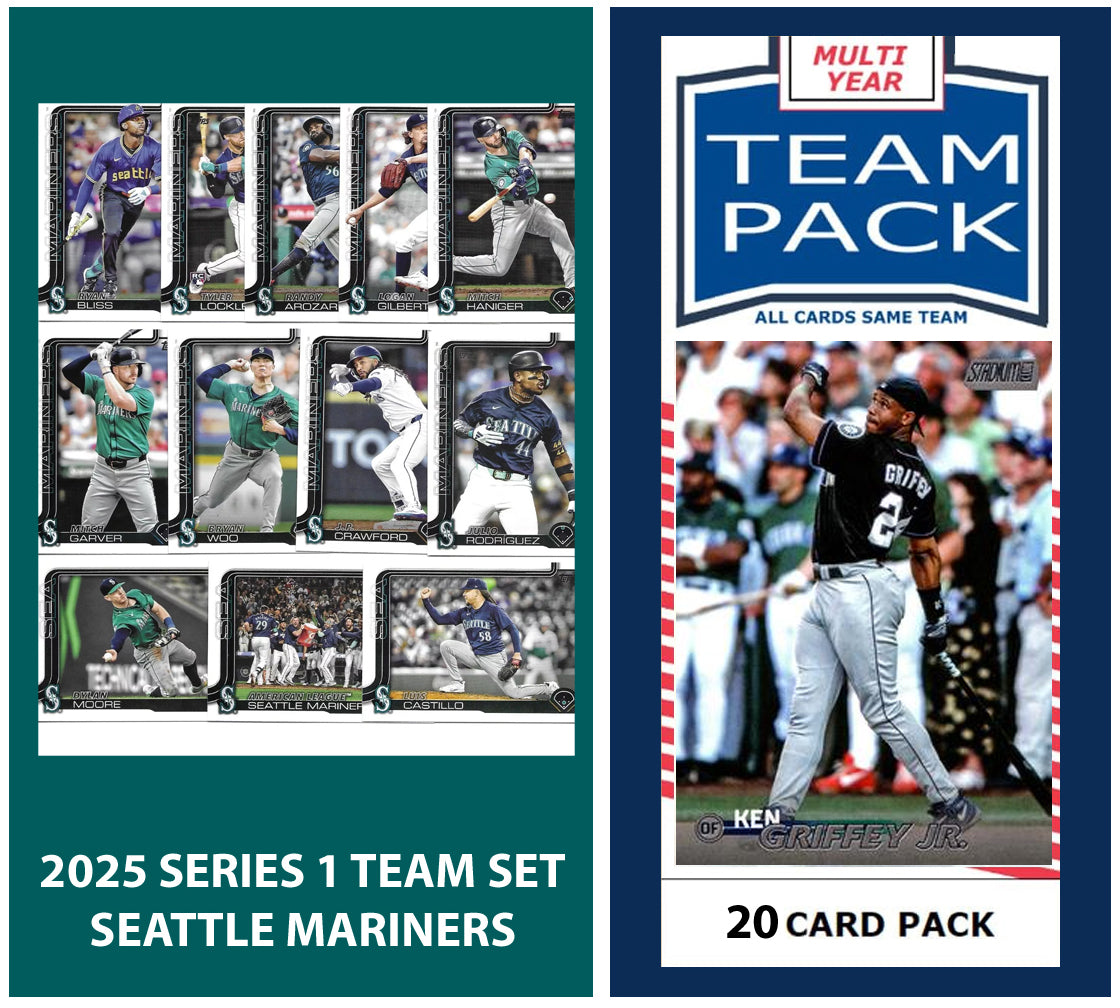 2024 Baseball Team Pack Mariners 20 Card Pack Ken Griffey Jr + 2025 Topps Series 1 Team Set - Julio Rodriguez plaque